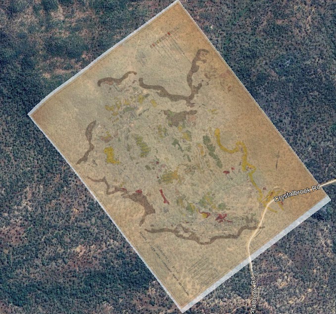 The same geological plan georeferenced and draped over current satellite imagery