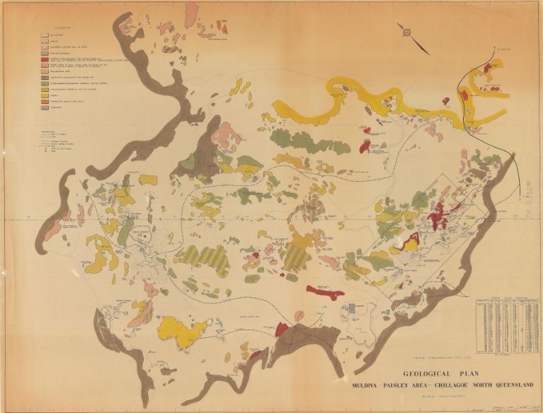 Scanned 1970s geological plan with hand-coloured units and no coordinate grid